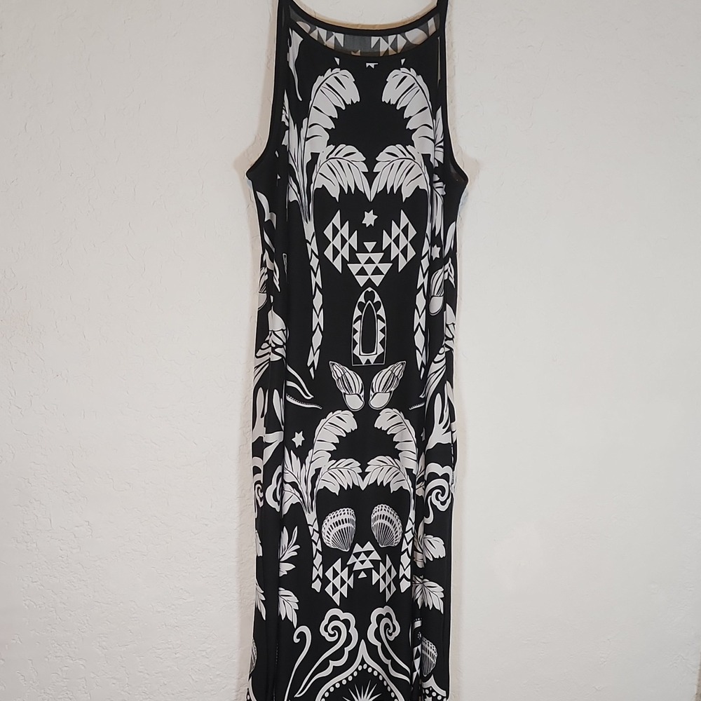 Lilac & London ‎ Black/White Tropical   Shoulder Strap Soft Maxi Dress Size M